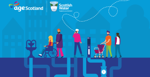 Illustration of various people in a street with visible blue pipes underground