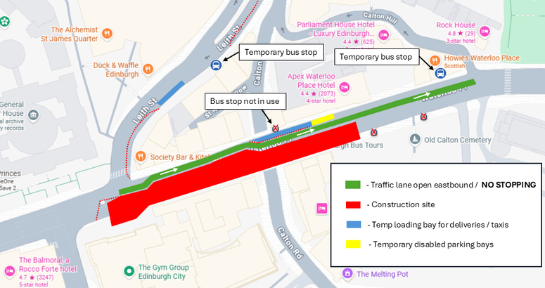 Diagram showing map of central Edinburgh with Waterloo Place in the centre. Boxes outline the lane closure area and show eastbound lane remains open.
