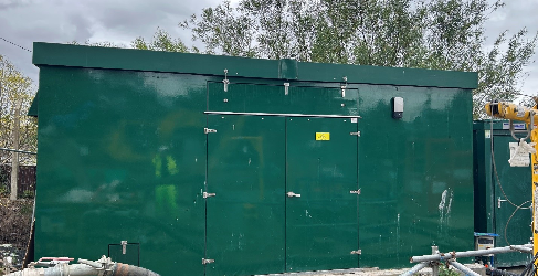 Green kiosk view from front. 