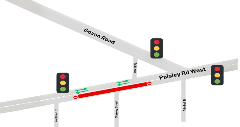 This is an image of a map denoting traffic management and road closures with traffic lights