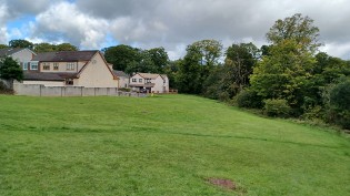Grassland with residential houses in background