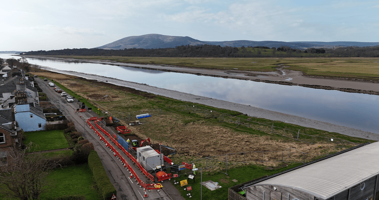 Drone photo showing River Nith in background and construction in foreground