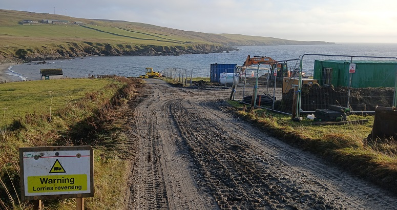 The track leading to the work site at Gulberwick is shown with the shore in the background