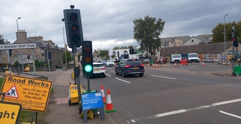 Temporary traffic lights at A96/Lochloy Road junction in Nairn