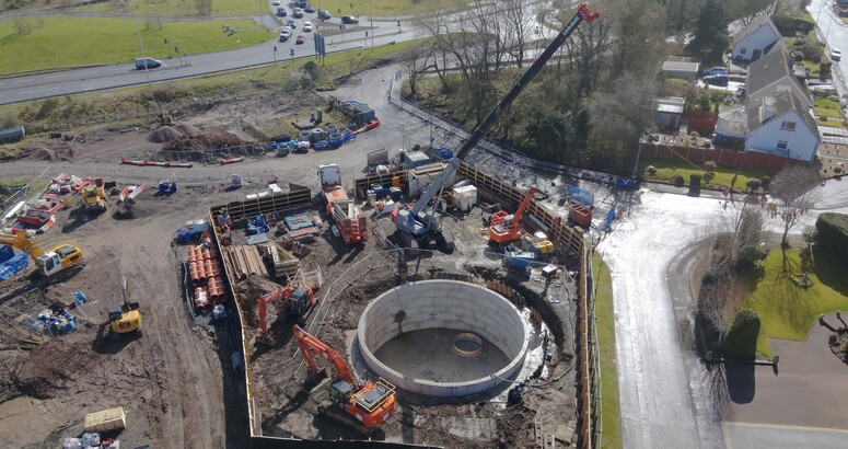 An aerial shot showing construction of a storm tank in Bothwell