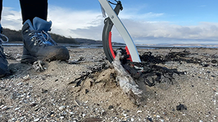 litter picker collecting dirty wet wipes on beach