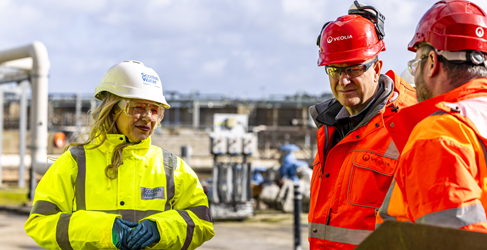 Cabinet Secretary for Climate Action and Energy Gillian Martin MSP and Mark Wilson, Director of Northern Region at Veolia discuss the forthcoming investment at Seafield Waste Water Treatment Works
