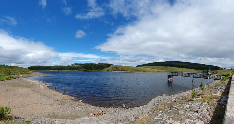A Reservoir with a dock and grass on the side.