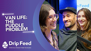 Podcast hosts and guest with logo