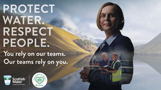 image of business woman against mountainous background with caption Protect Water. Respect people