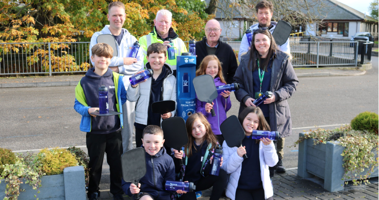 Pupils from Dornoch Primary, representatives of Dornoch MUGA and Councillor Jim McGillivray helped launched the new Top Up Tap in Dornoch