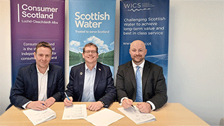left to right Sam Ghibaldan, Chief Executive of Consumer Scotland, Alex Plant, CEO of Scottish Water and David Satti, Interim CEOfor WICS signing memorandum of understanding for water charges