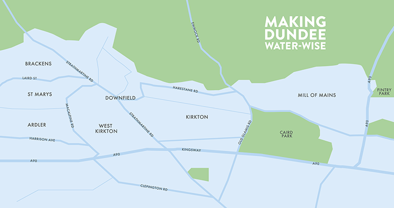 Generated map of north west are of Dundee with Making Dundee Water-wise text