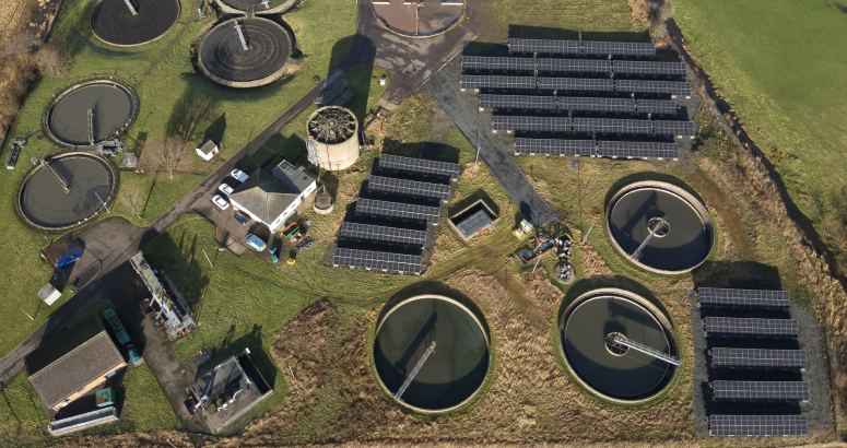 An aerial image of the new solar scheme at Bathgate WWTW