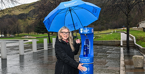 Cabinet Secretary Gillian Martin atn Scottish Water's Holyrood top up tap to celebrate saving 20m plastic bottles in the environment