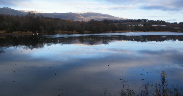 Scenic view of a calm reservoir reflecting the sky, with mountains in the background and sparse vegetation along the shore.