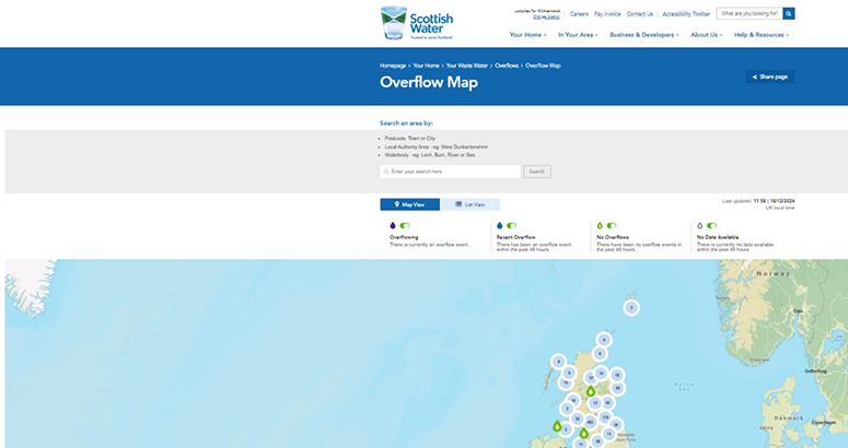 screenshot of  the overflow map page showing Scotland with overflow icons